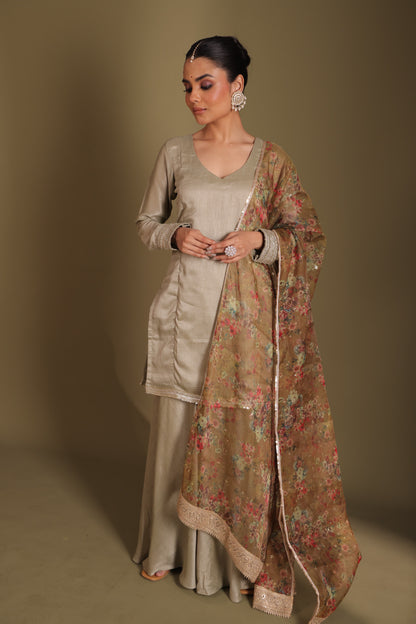 Jhalak Sage Kurta with Sharara and Printed Dupatta- set of 3