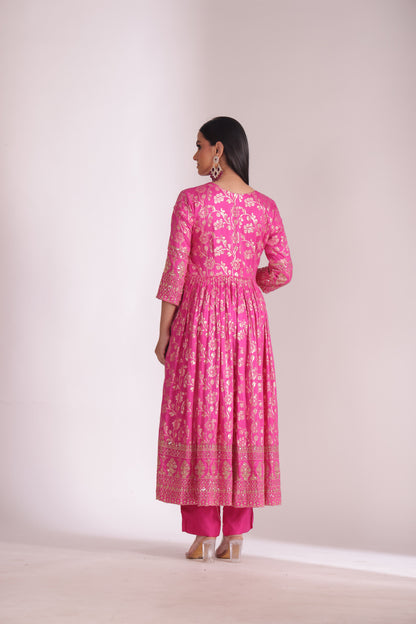 Noorika Fuschia Chanderi Anarkali with Pant and dupatta- set of 3