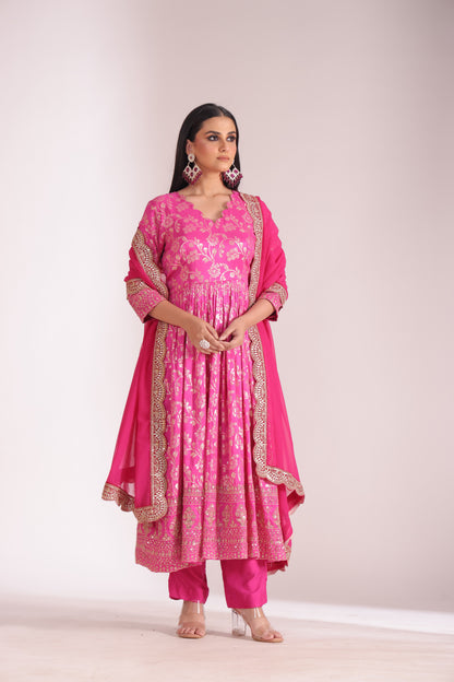 Noorika Fuschia Chanderi Anarkali with Pant and dupatta- set of 3