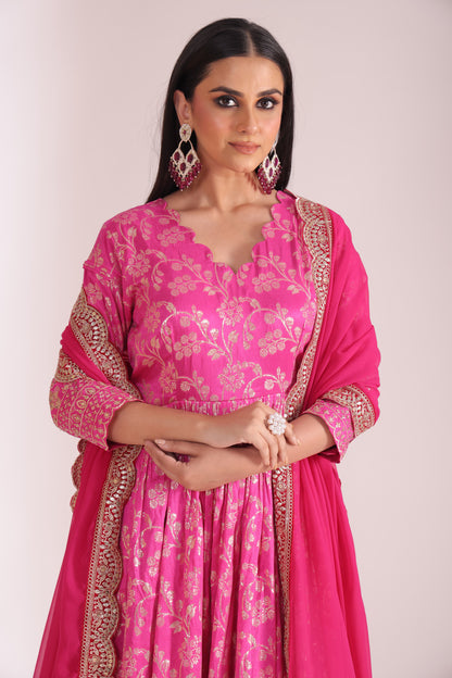 Noorika Fuschia Chanderi Anarkali with Pant and dupatta- set of 3
