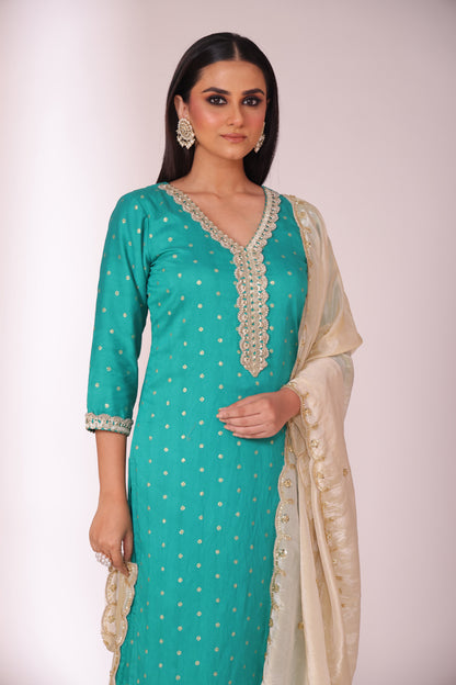 Mastani Turquoise Chanderi Kurta and Afghani Pant with dupatta- set of 3