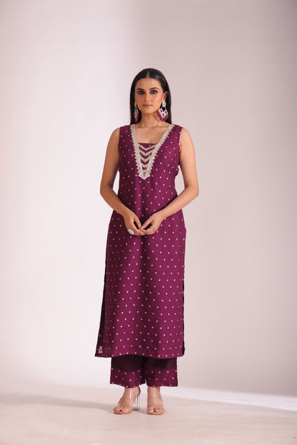 Mastani Wine Chanderi Kurta and Pant with dupatta- set of 3
