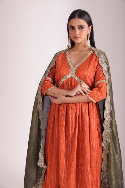 Mastani Rust Orange Chanderi Anarkali and Pant with dupatta- set of 3