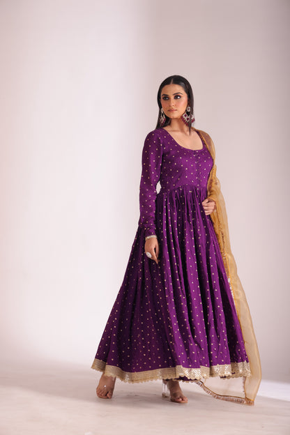 Mastani Wine Chanderi Anarkali and Pant with dupatta- set of 3