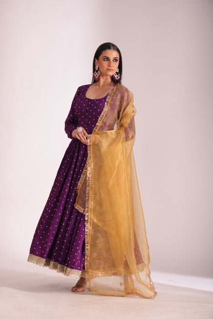 Mastani Wine Chanderi Anarkali and Pant with dupatta- set of 3