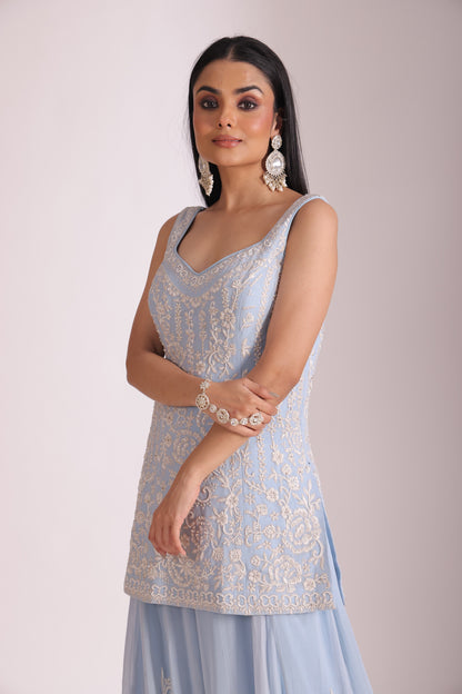 Rooh Light Blue Embroidered Kurta, Sharara and Dupatta