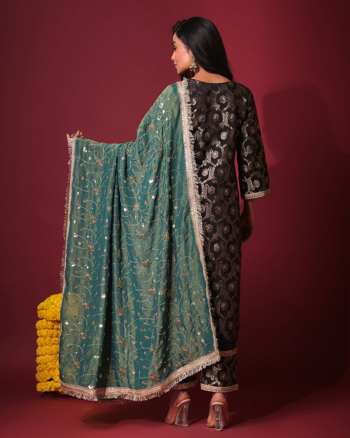 Rasiyaa Black Brocade Silk Kurta Set with Tissue Silk Dupatta