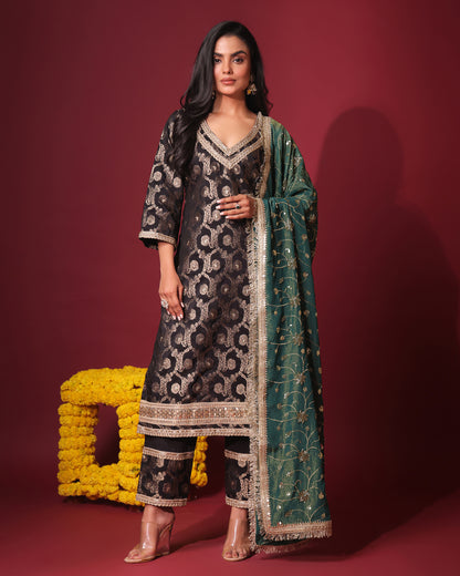 Rasiyaa Black Brocade Silk Kurta Set with Tissue Silk Dupatta
