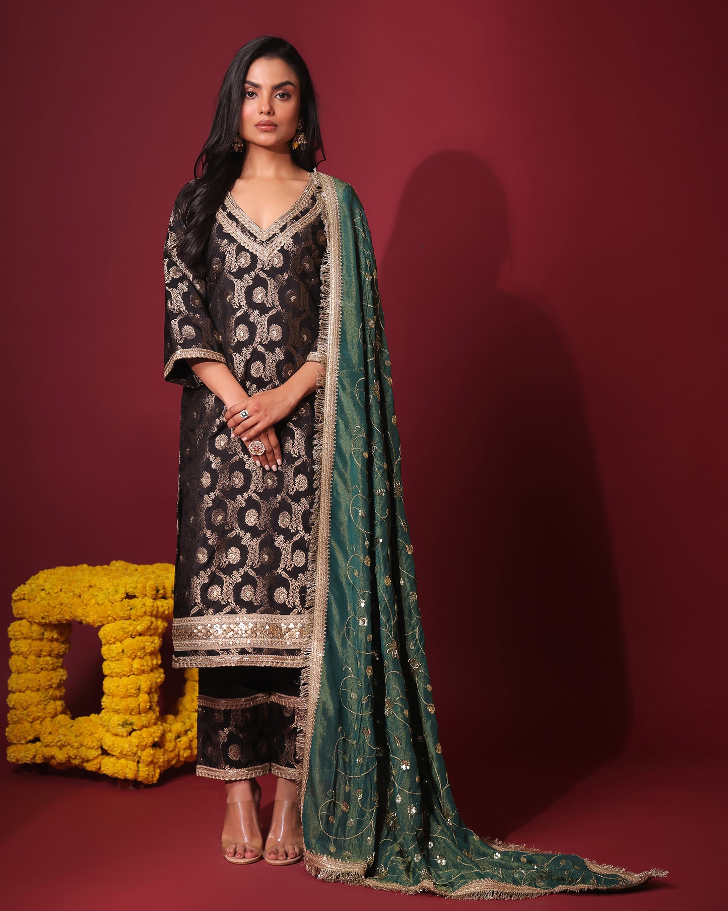 Rasiyaa Black Brocade Silk Kurta Set with Tissue Silk Dupatta