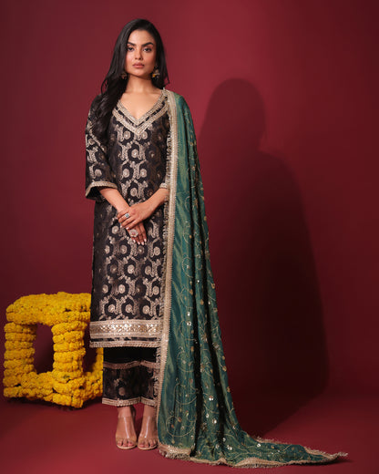 Rasiyaa Black Brocade Silk Kurta Set with Tissue Silk Dupatta