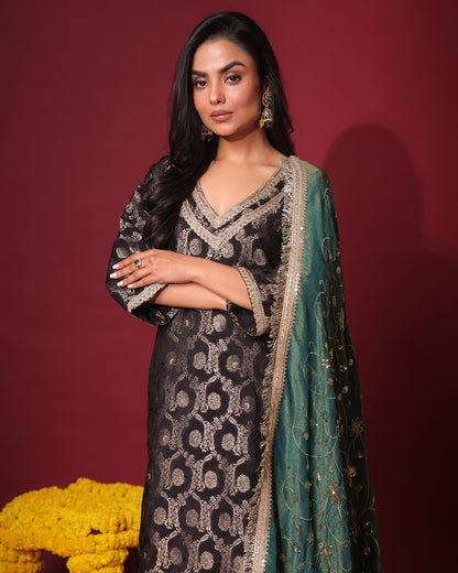 Rasiyaa Black Brocade Silk Kurta Set with Tissue Silk Dupatta