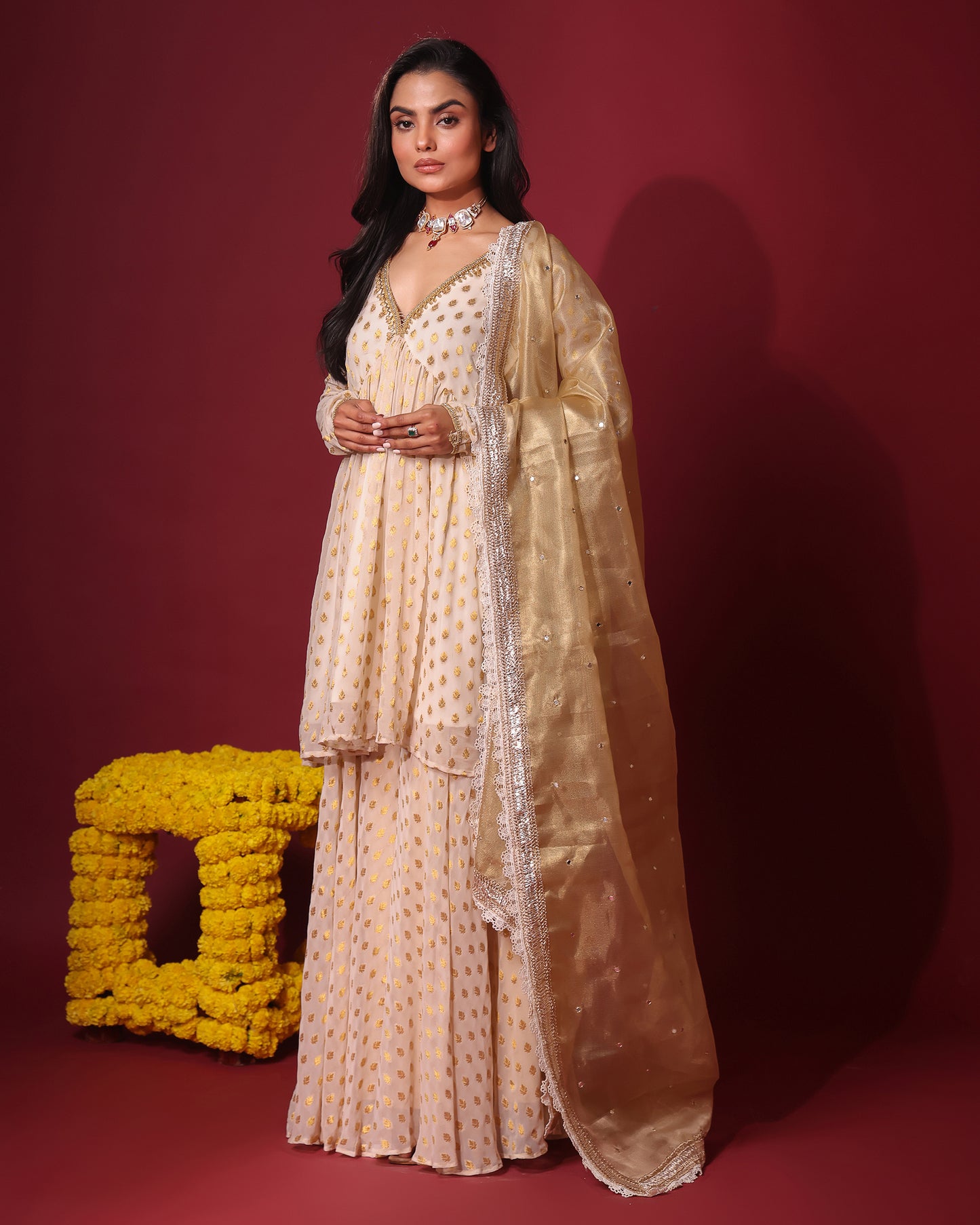 Rasiyaa Ivory Kurta Sharara Set with Kota Silk Dupatta