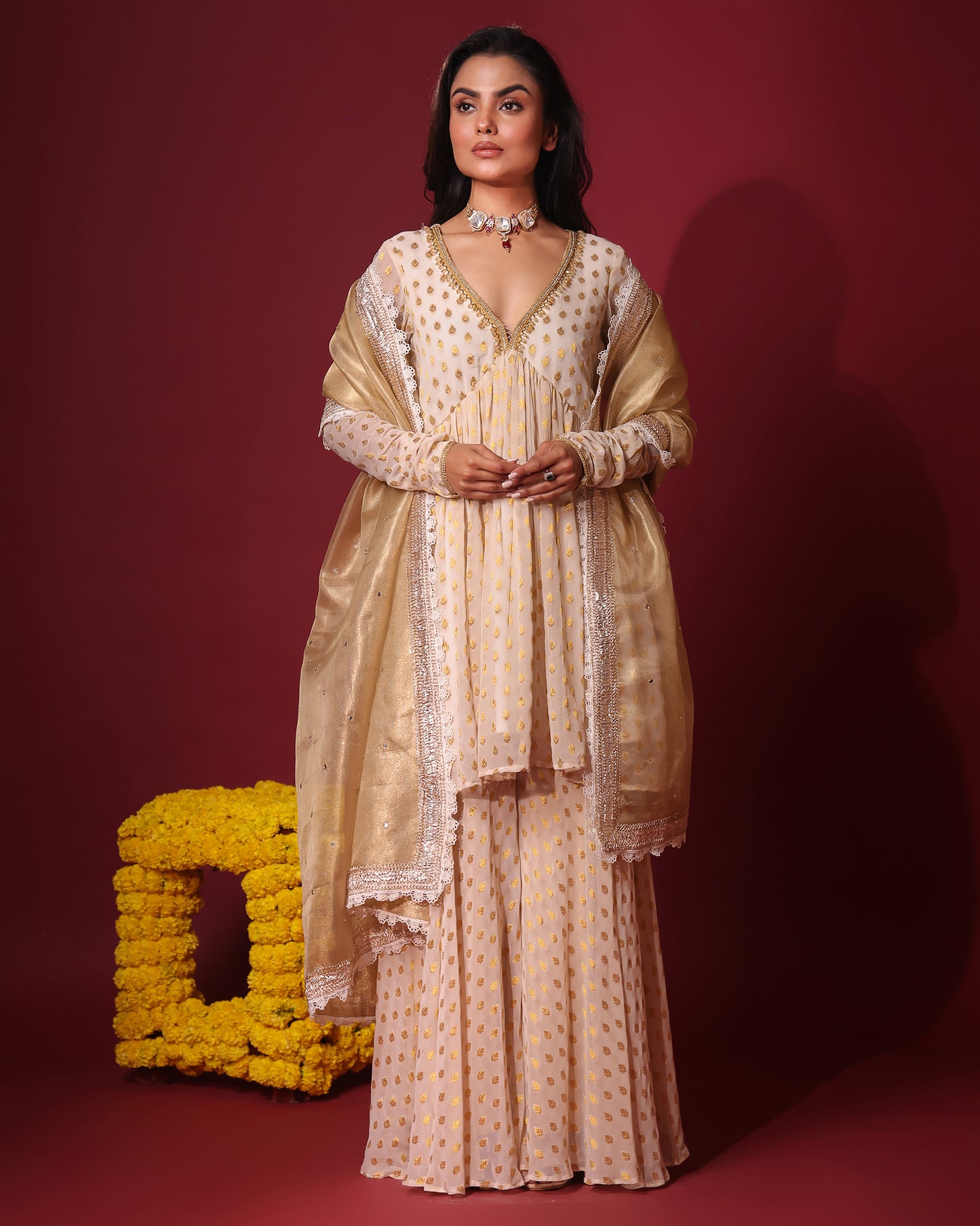 Rasiyaa Ivory Kurta Sharara Set with Kota Silk Dupatta