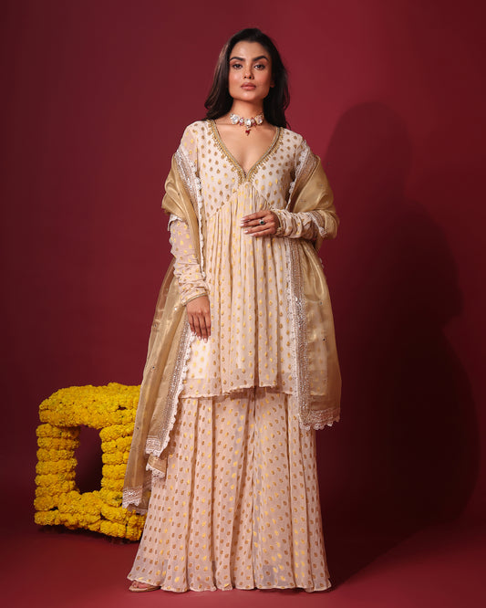 Rasiyaa Ivory Kurta Sharara Set with Kota Silk Dupatta