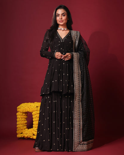 Tana Bana Black Peplum Kurta, Gharara and Dupatta