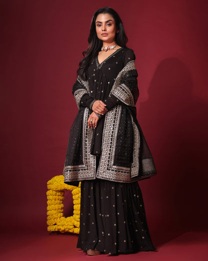 Tana Bana Black Peplum Kurta, Gharara and Dupatta