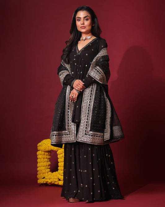 Tana Bana Black Peplum Kurta, Gharara and Dupatta
