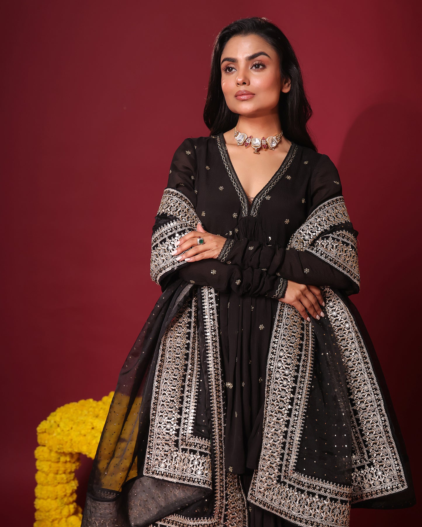 Tana Bana Black Peplum Kurta, Gharara and Dupatta