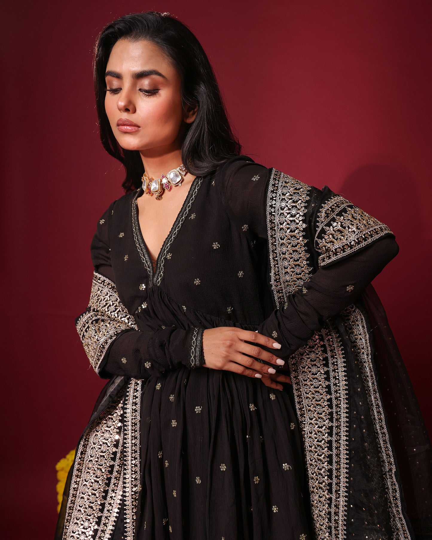 Tana Bana Black Peplum Kurta, Gharara and Dupatta