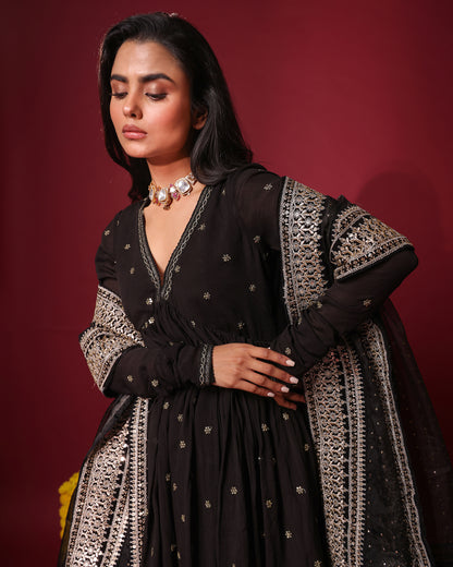 Tana Bana Black Peplum Kurta, Gharara and Dupatta