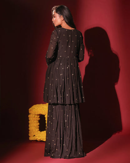 Tana Bana Black Peplum Kurta, Gharara and Dupatta