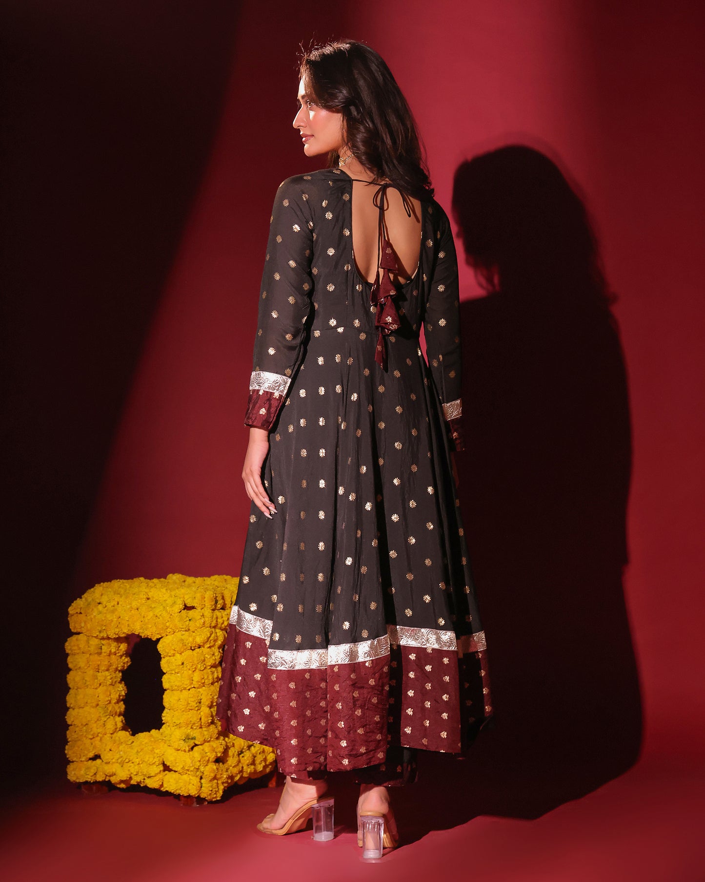 Naazrana Black Maroon Anarkali, Pant and Dupatta Set of 3