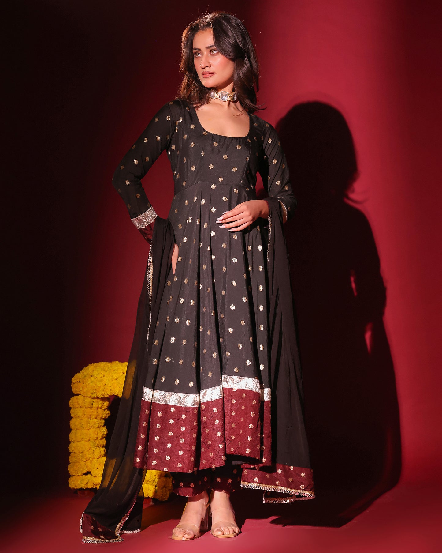Naazrana Black Maroon Anarkali, Pant and Dupatta Set of 3