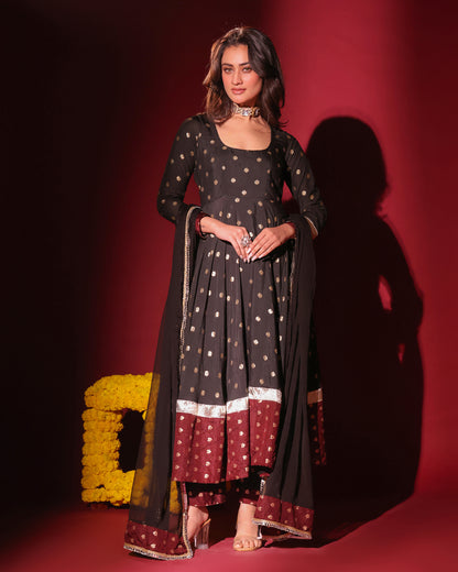 Naazrana Black Maroon Anarkali, Pant and Dupatta Set of 3