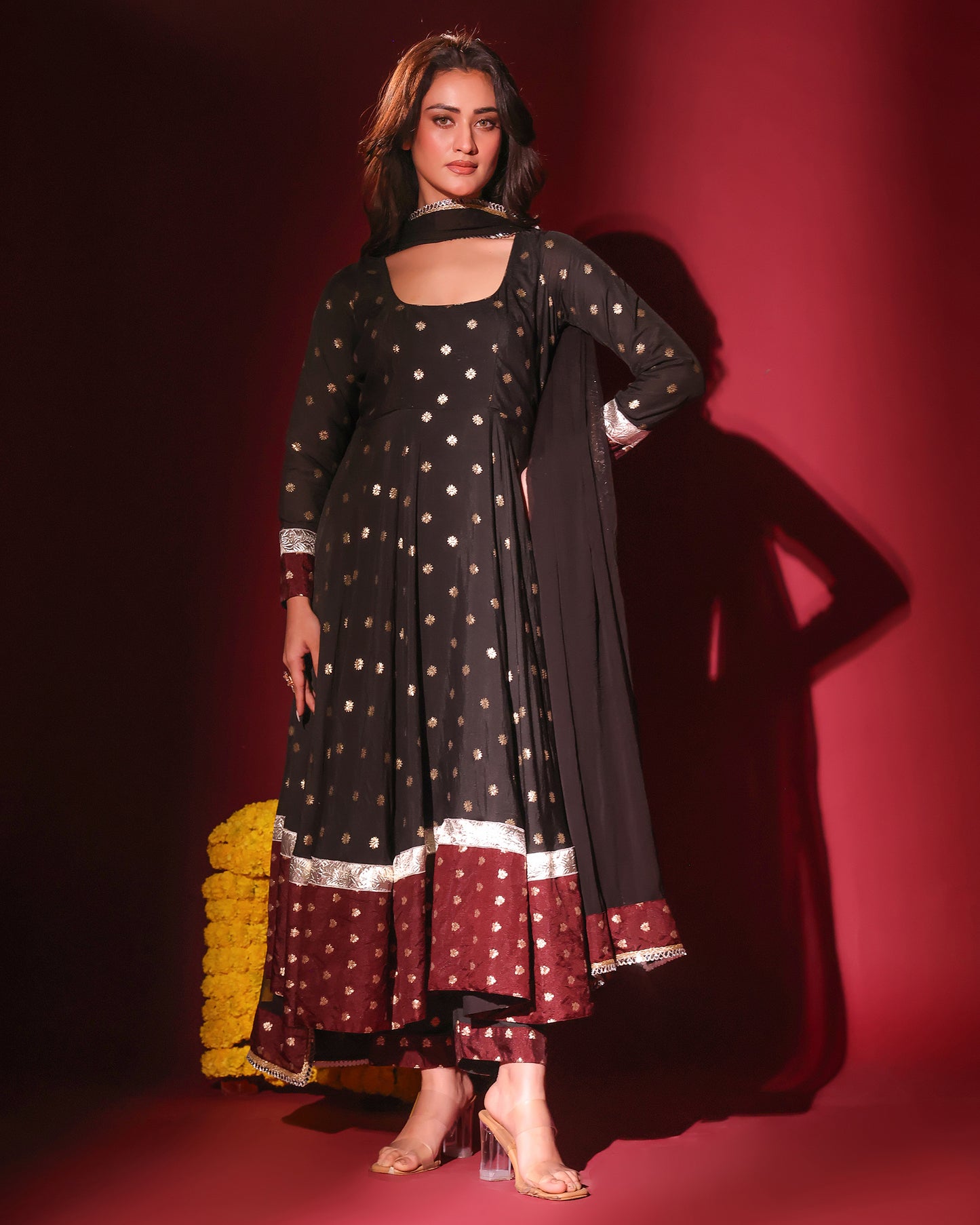 Naazrana Black Maroon Anarkali, Pant and Dupatta Set of 3