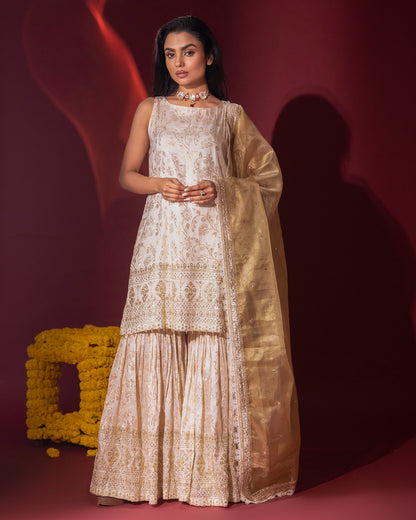 Rasiyaa Ivory Brocade Kurta Sharara Set with Kota Silk Dupatta