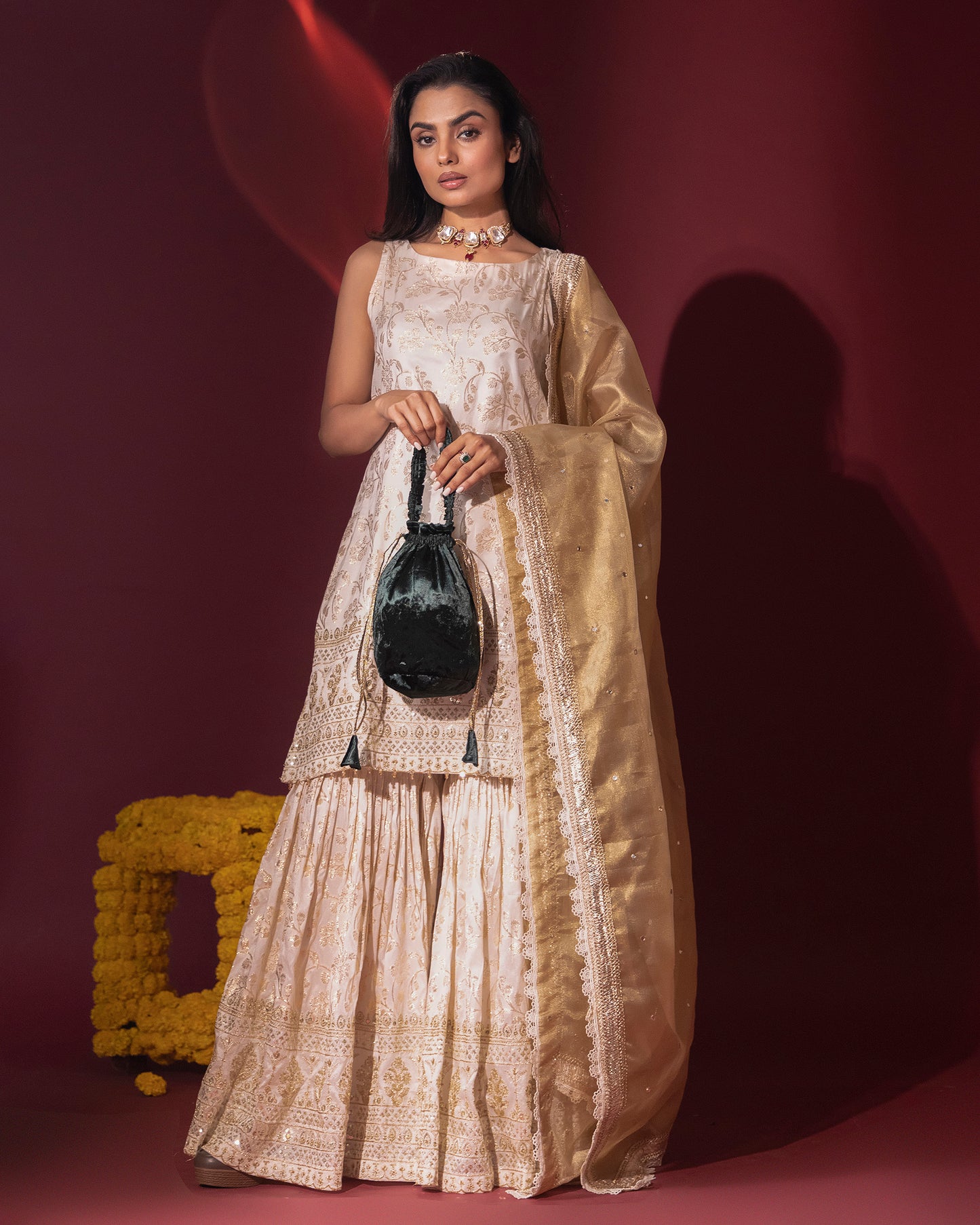 Rasiyaa Ivory Brocade Kurta Sharara Set with Kota Silk Dupatta