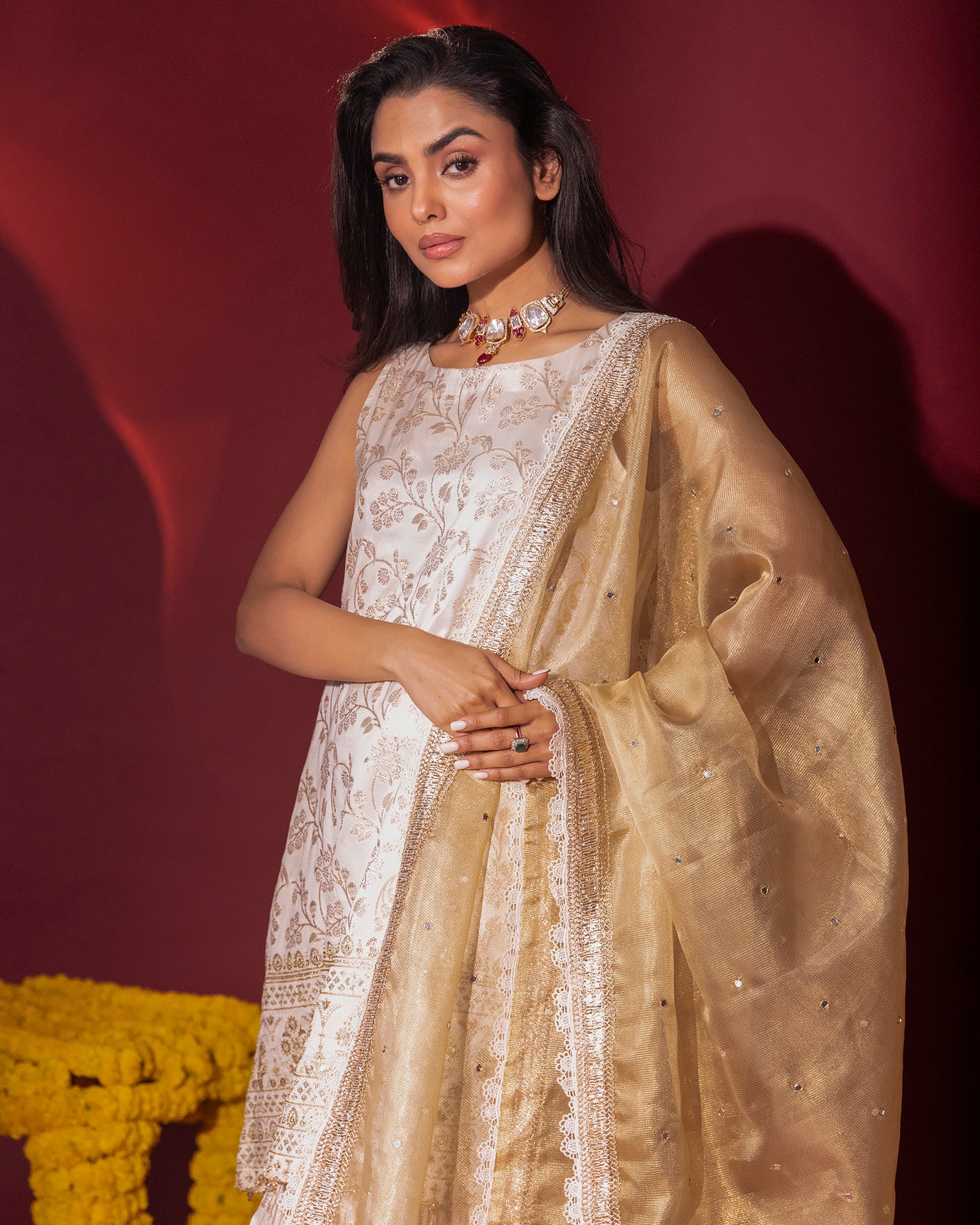 Rasiyaa Ivory Brocade Kurta Sharara Set with Kota Silk Dupatta