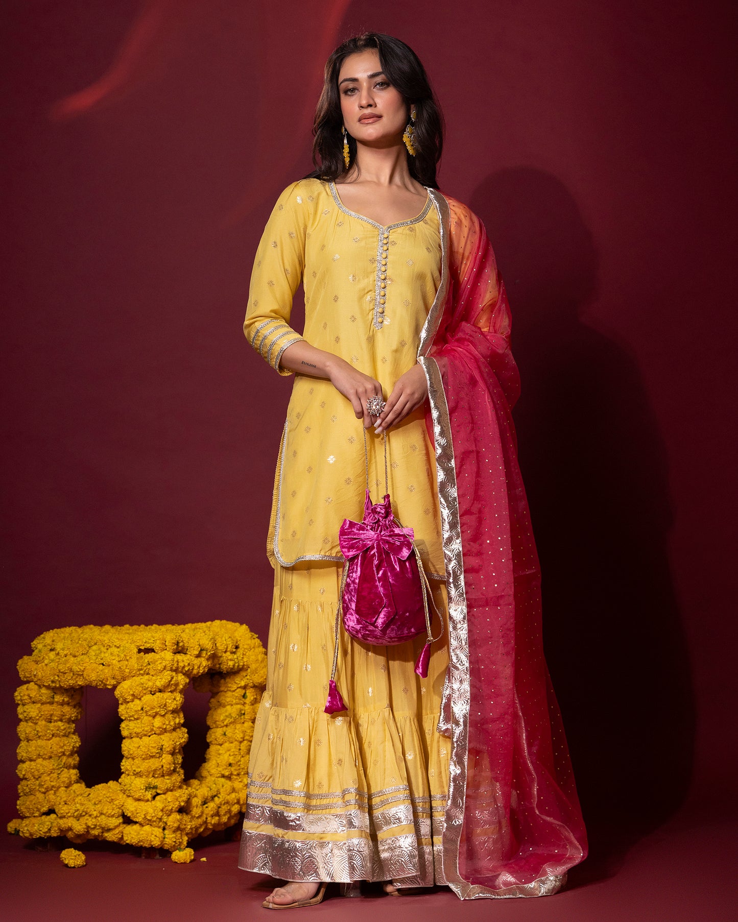 Tana Bana Yellow Silk Kurta, Gharara and Dupatta