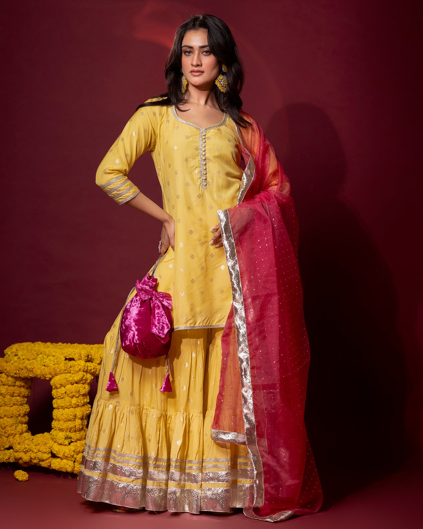 Tana Bana Yellow Silk Kurta, Gharara and Dupatta