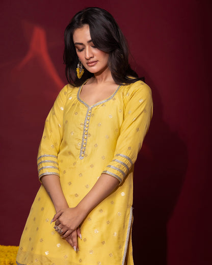 Tana Bana Yellow Silk Kurta, Gharara and Dupatta