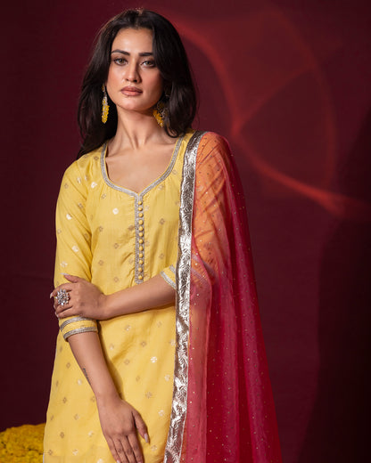 Tana Bana Yellow Silk Kurta, Gharara and Dupatta