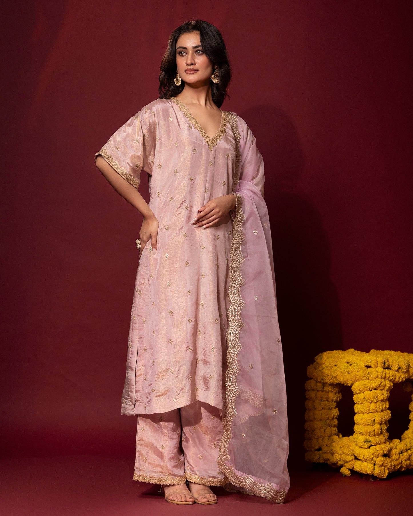 Sunheri Soft Blush Kaftan, Gharara and Dupatta Set of 3