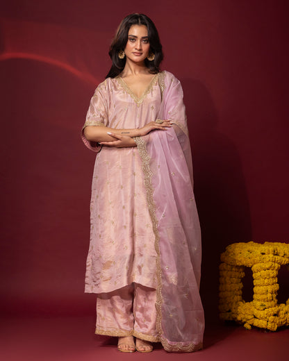 Sunheri Soft Blush Kaftan, Gharara and Dupatta Set of 3