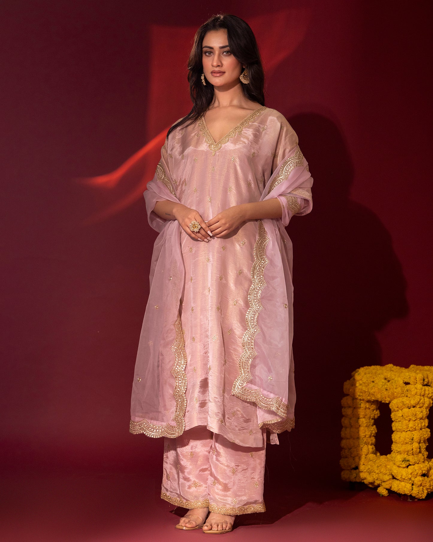 Sunheri Soft Blush Kaftan, Gharara and Dupatta Set of 3