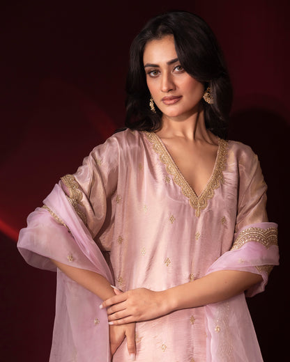 Sunheri Soft Blush Kaftan, Gharara and Dupatta Set of 3