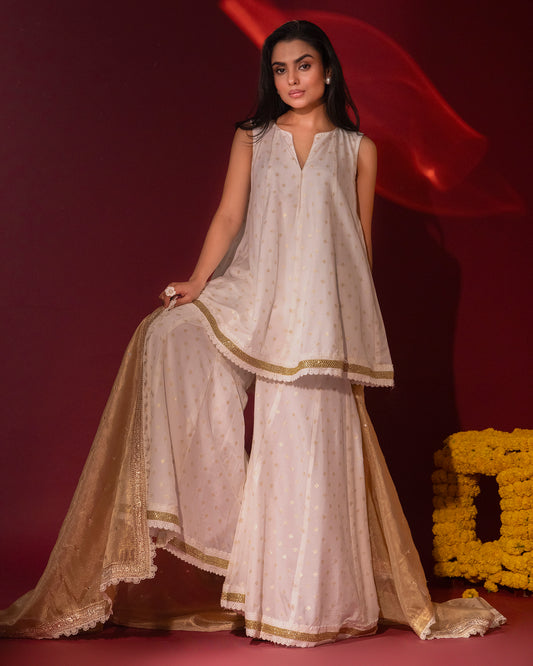 Tana Bana Ivory Silk Kurta, Sharara and Dupatta