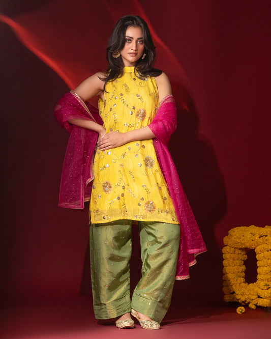 Sunheri Tissue Haldi Yellow Kurta Farshi Set of 3