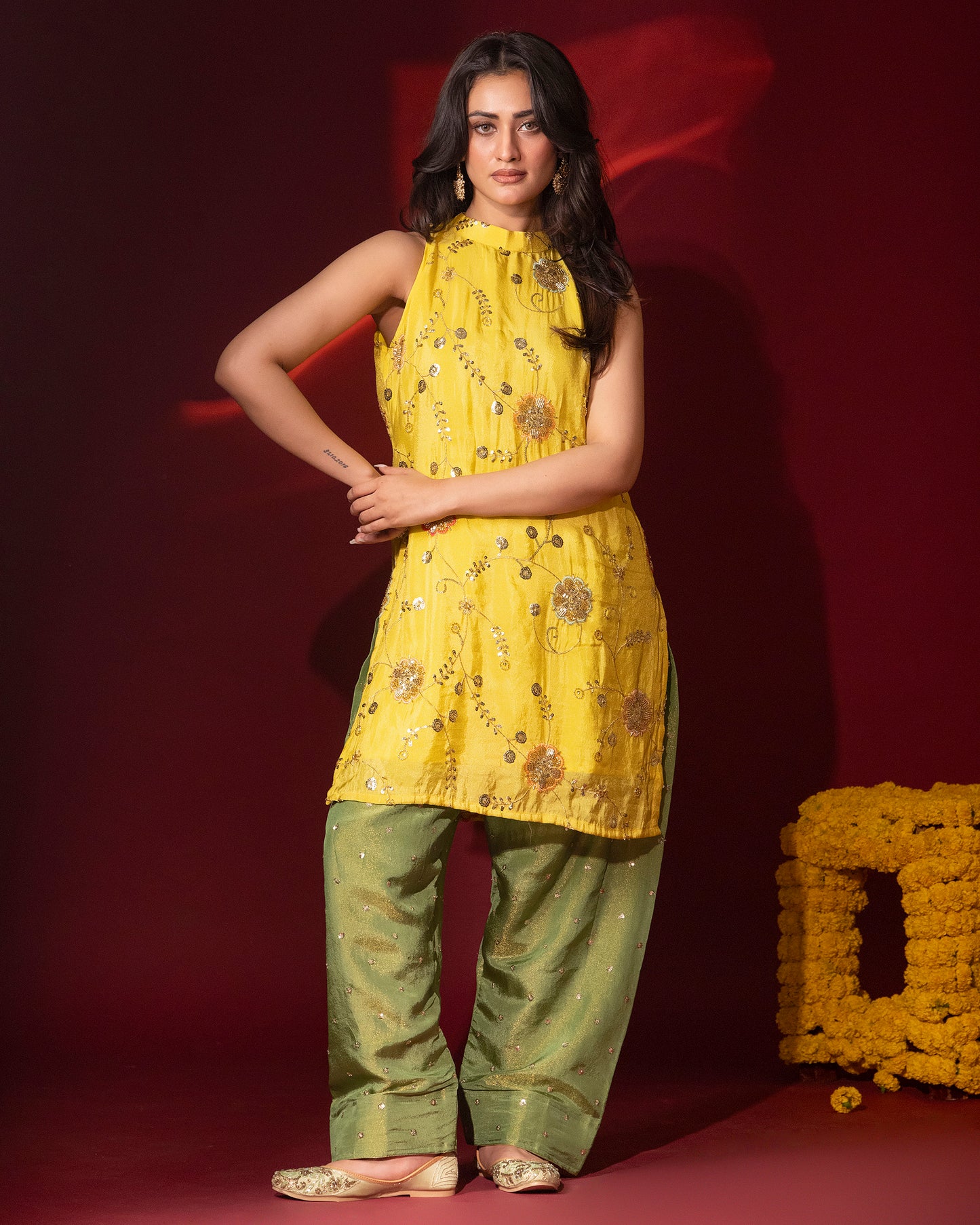 Sunheri Tissue Haldi Yellow Kurta Farshi Set of 3