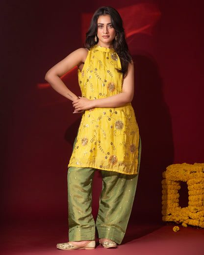 Sunheri Tissue Haldi Yellow Kurta Farshi Set of 3
