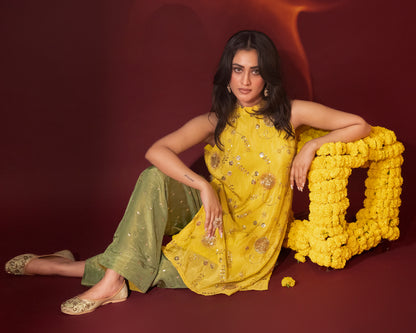 Sunheri Tissue Haldi Yellow Kurta Farshi Set of 3
