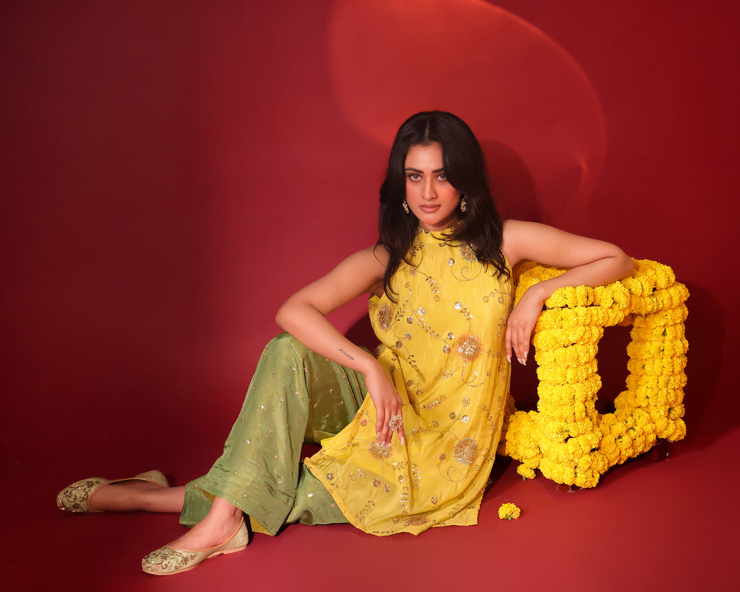 Sunheri Tissue Haldi Yellow Kurta Farshi Set of 3