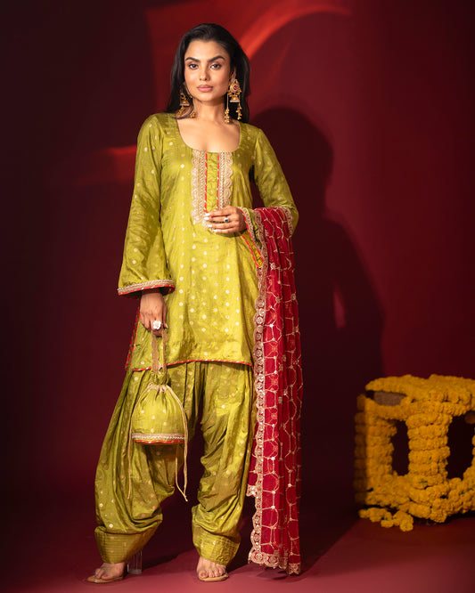 Tana Bana Pista Green Kurta, Salwar and Dupatta Set of 3