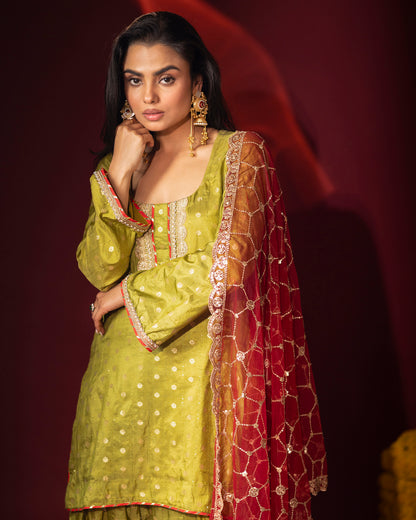 Tana Bana Pista Green Kurta, Salwar and Dupatta Set of 3