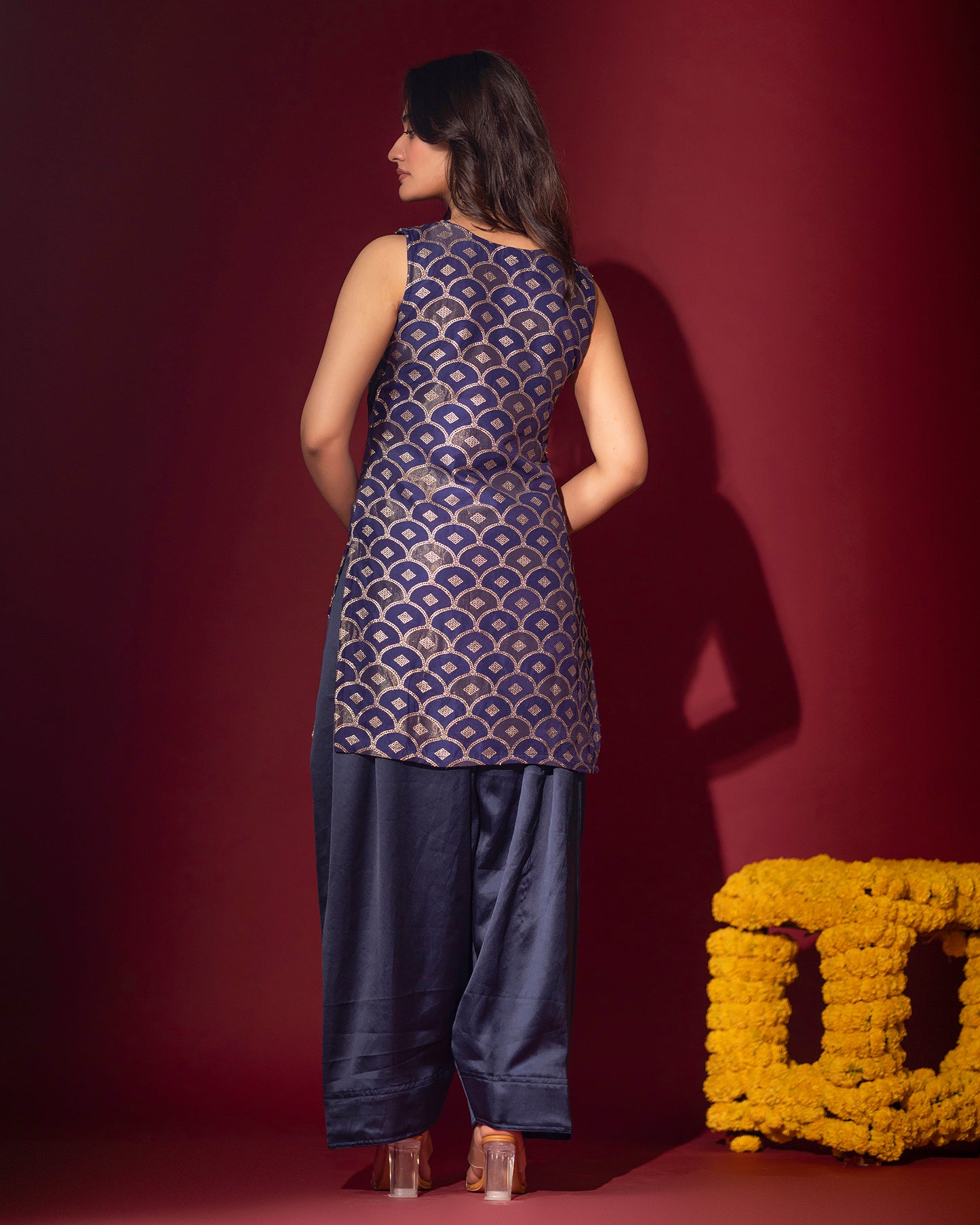 Rasiyaa Navy Blue Silk Kurta Set with Farsi Salwar and Organza Dupatta
