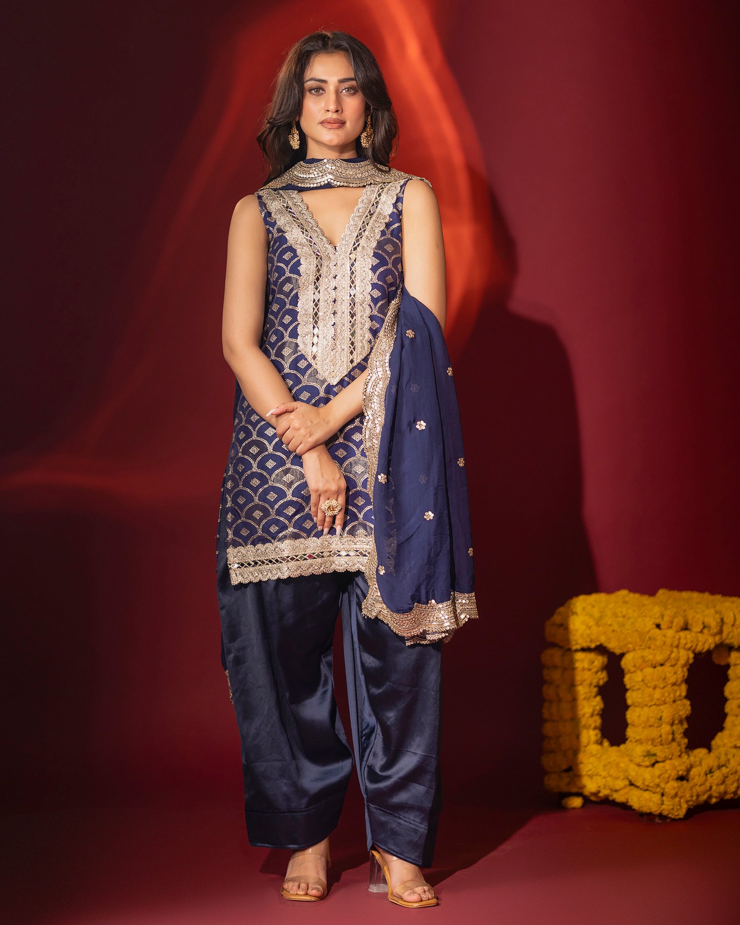 Rasiyaa Navy Blue Silk Kurta Set with Farsi Salwar and Organza Dupatta